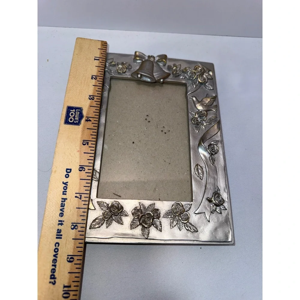 Vintage Pewter Tone Wedding Bell Dove Rose Floral 5x3.5 Picture Frame Silver Gol